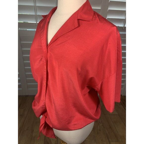 Vtg 70s Lehigh Red Button Up Blouse L/XL Tie Waist Collared Band Classic Retro - Picture 7 of 11